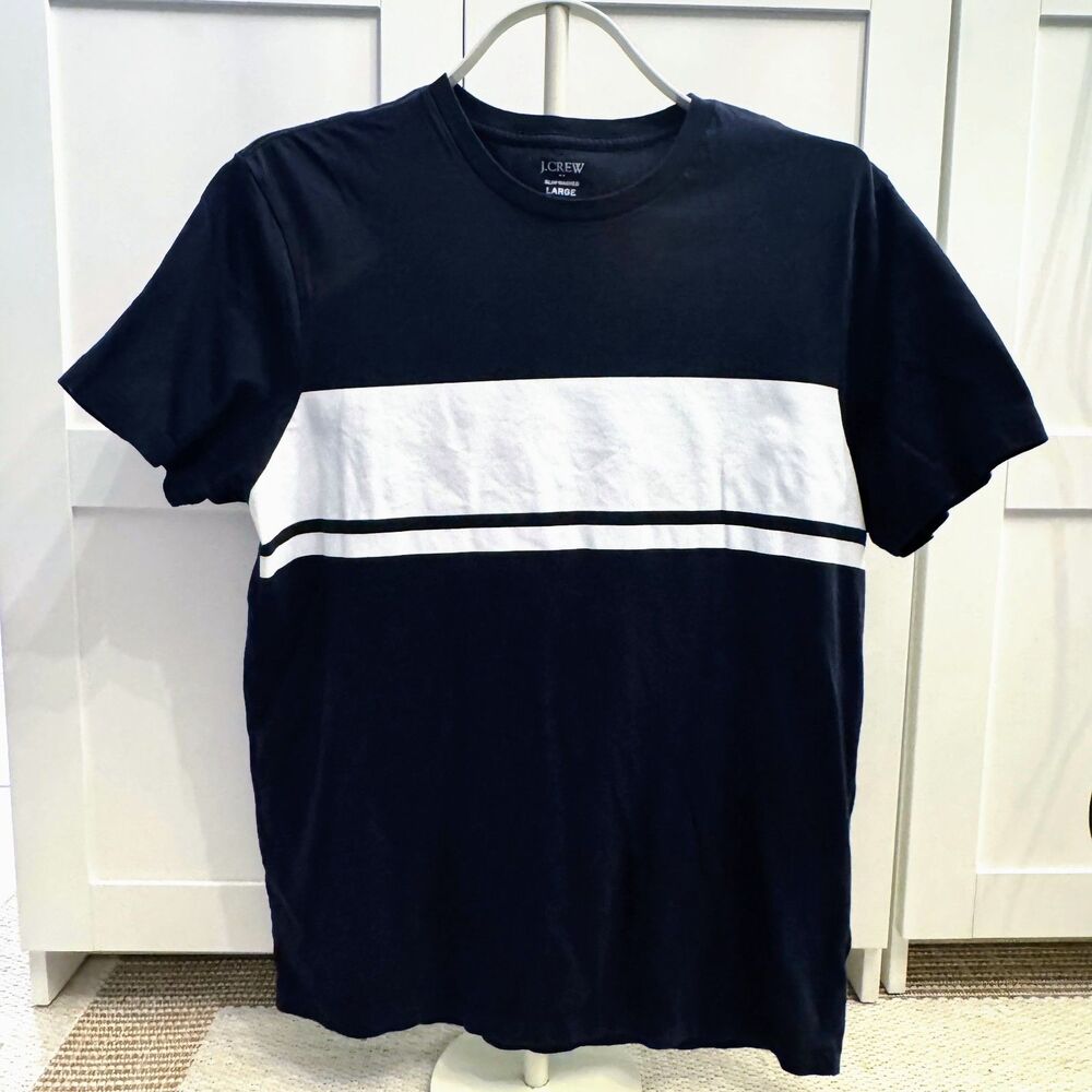 J Crew Mens Slim Washed Tee Navy Blue White Stripe Size L Cotton Reimagined